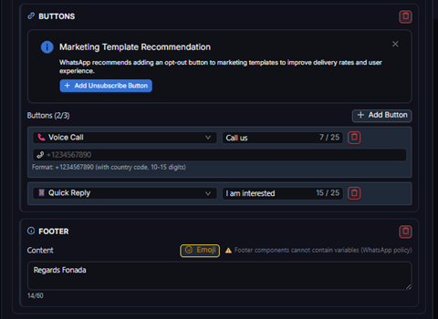 Figure 6 — Buttons (Voice Call + Quick Reply) and a Footer added to the template.